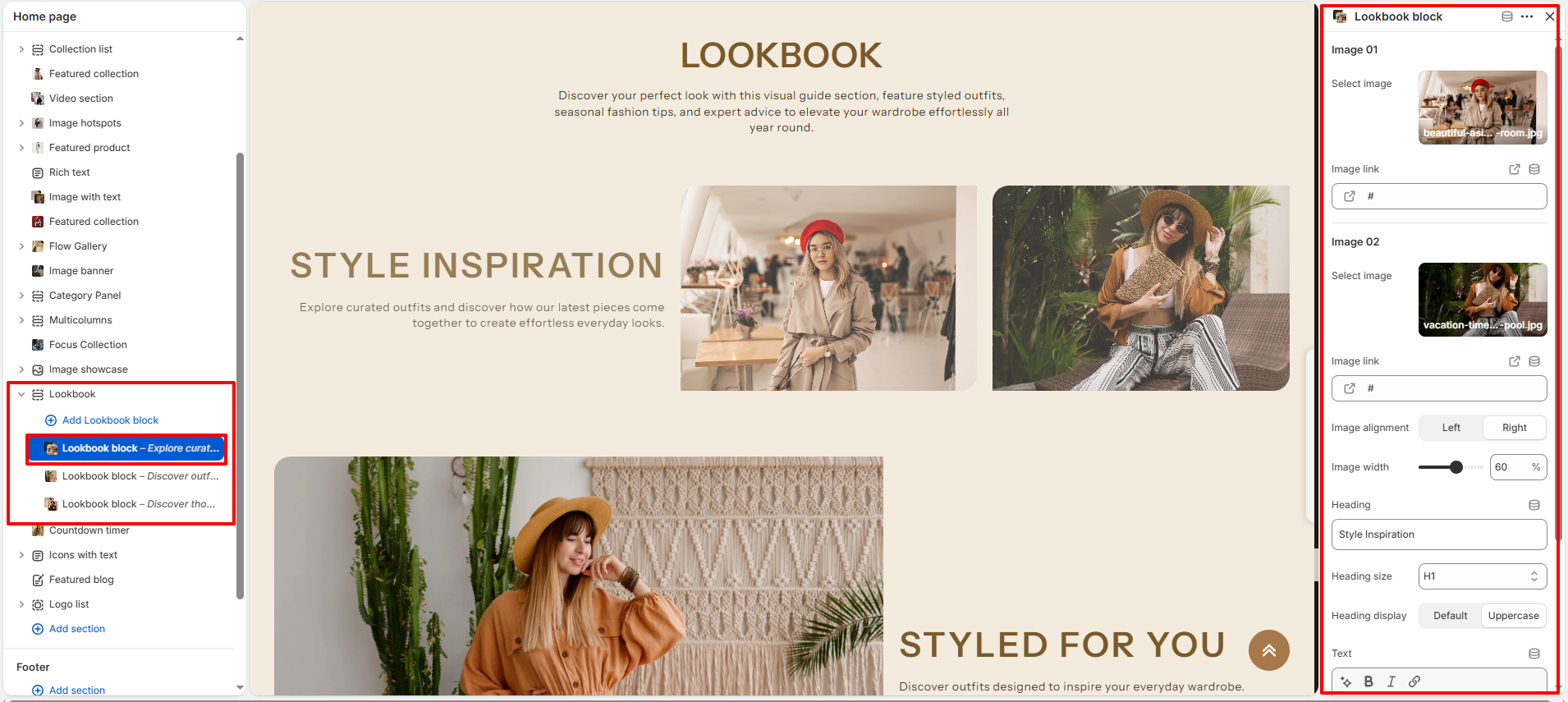 Lookbook Block Settings