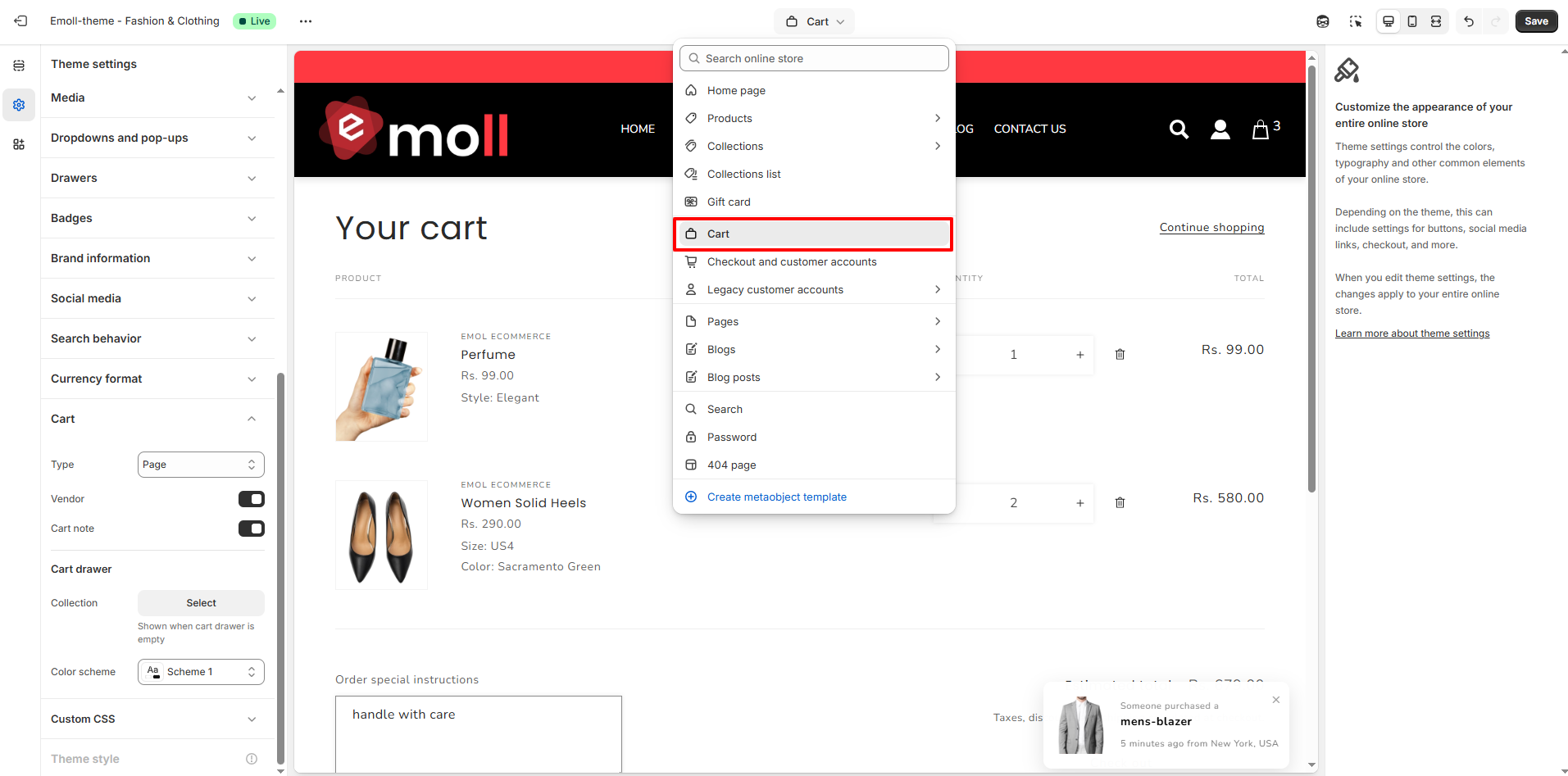 Access Cart Settings