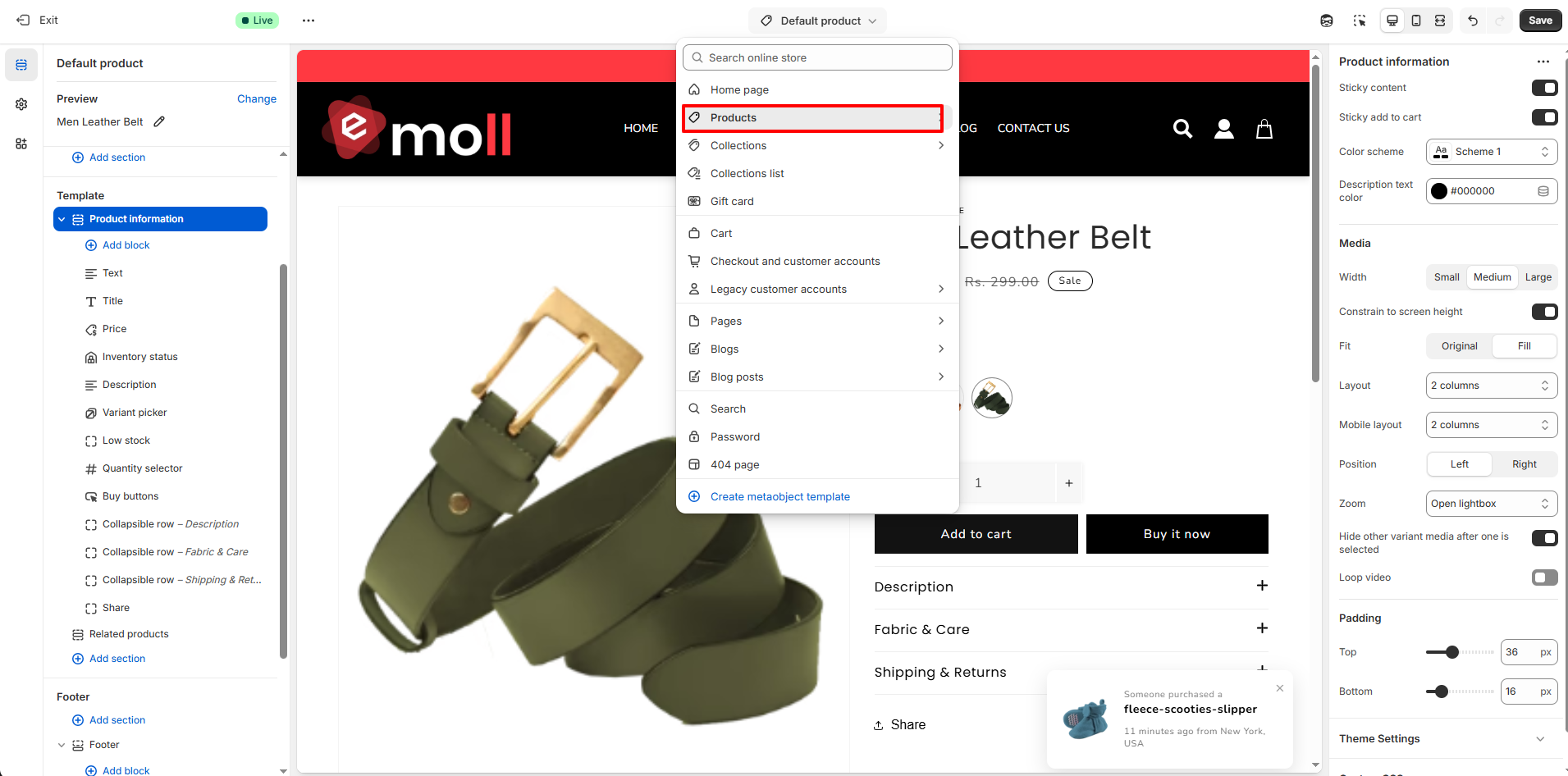 Access Product Page Settings