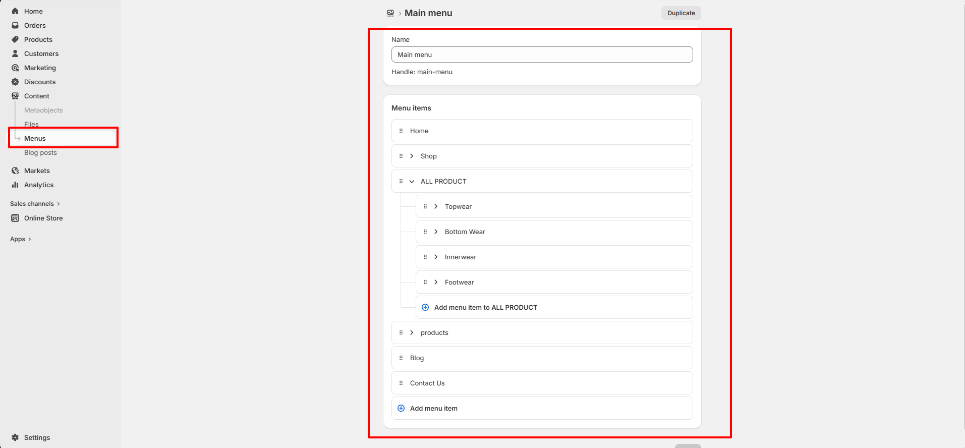 Dropdown Menu Setup Screenshot