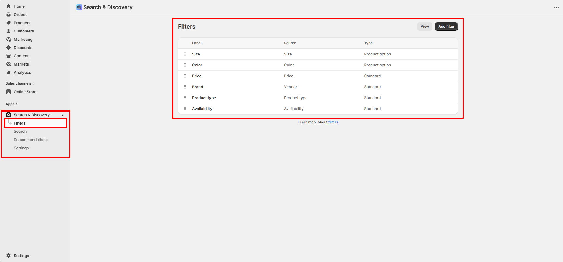Search and Discovery App Filter Settings
