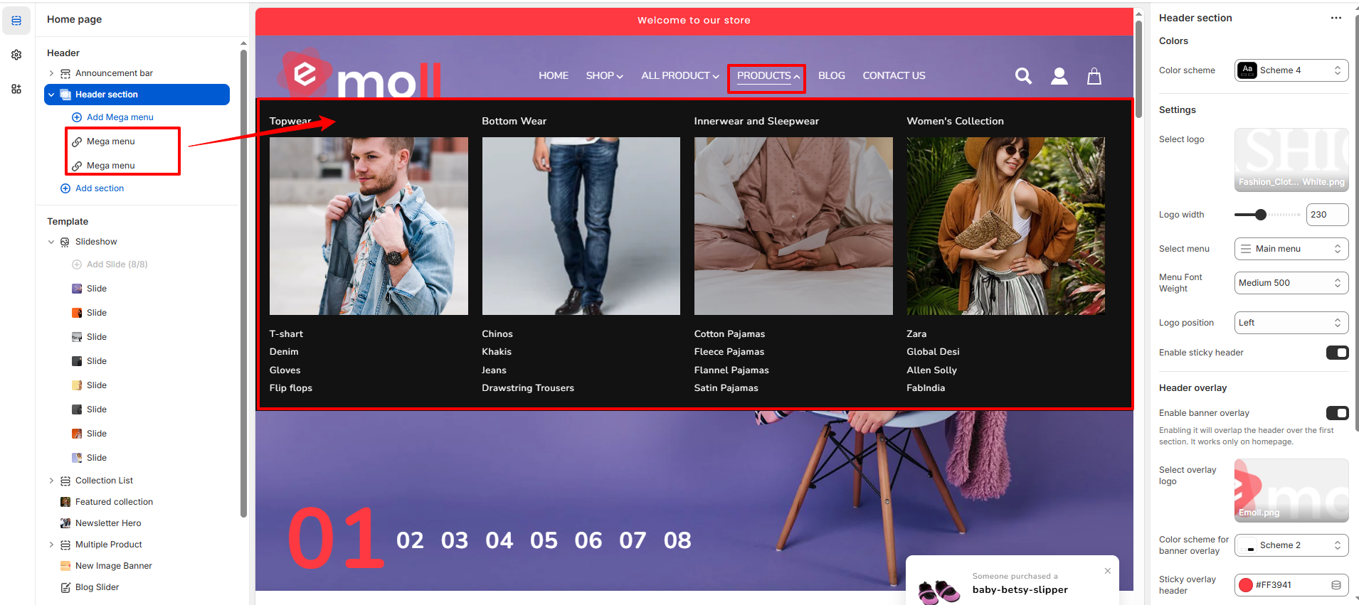 Header Mega Menu Settings Screenshot