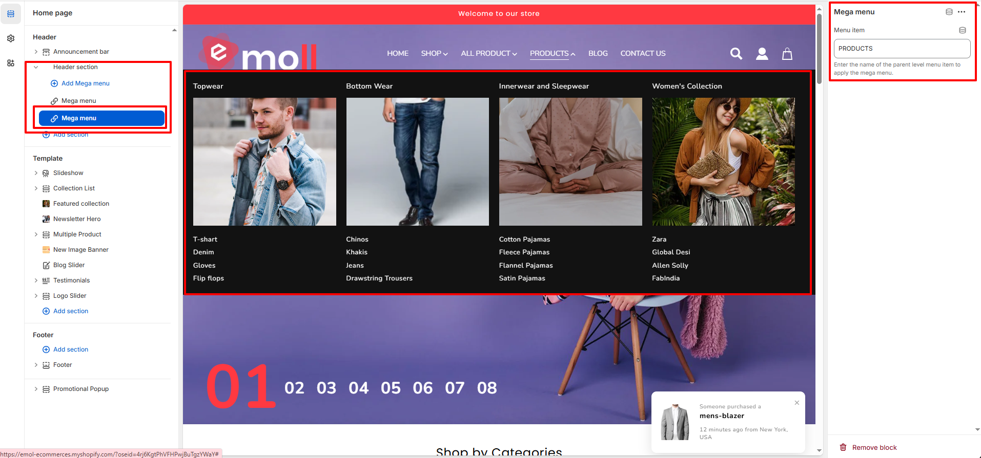 Header Mega Menu Settings Screenshot