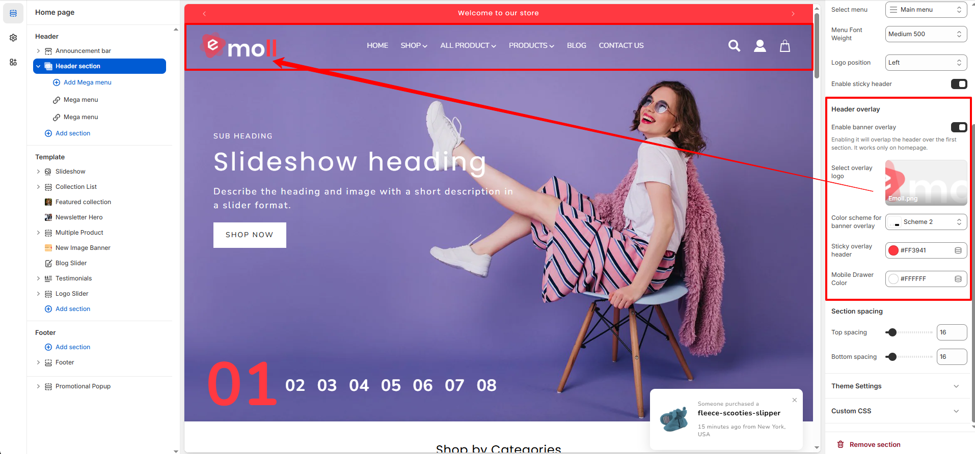 Header Overlay Settings Screenshot