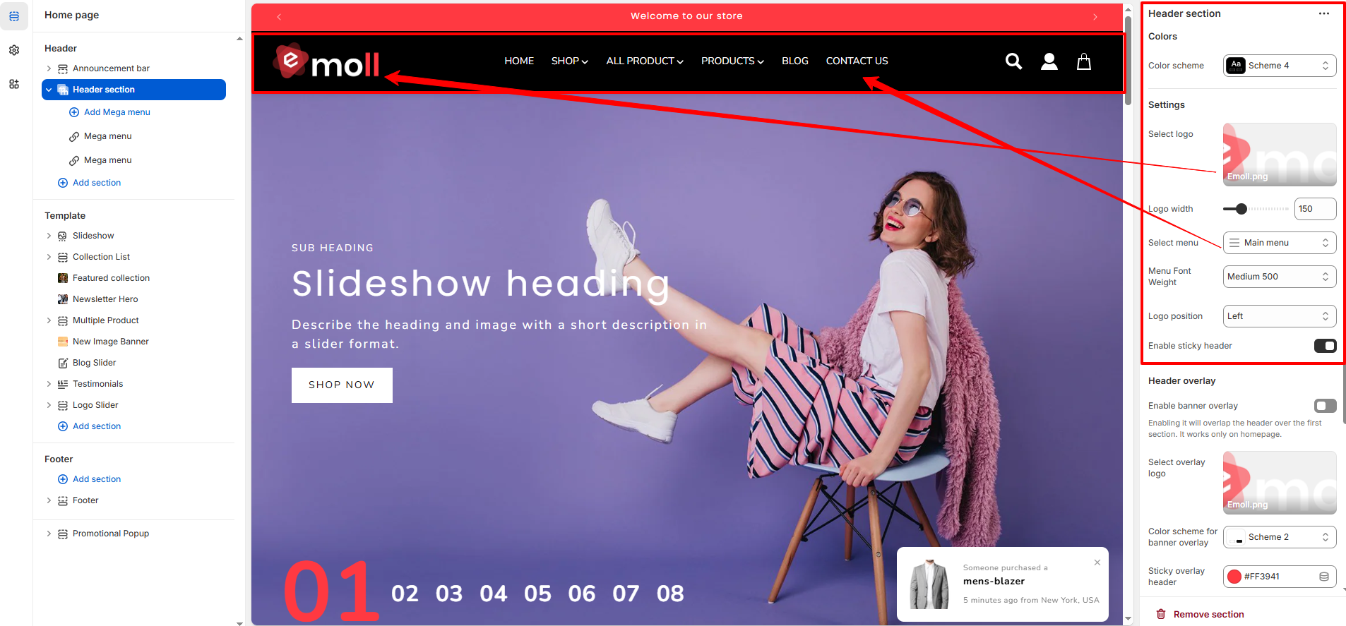 Header Basic Settings Screenshot