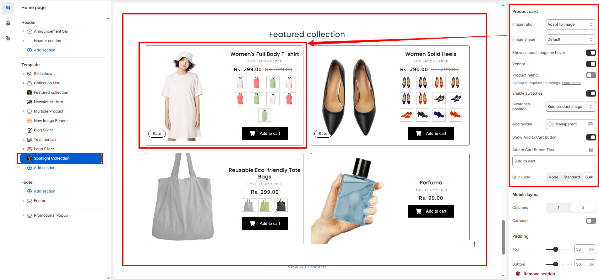 Spotlight Collection Section Settings